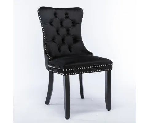 2x Velvet Dining Chairs Upholstered Tufted Kithcen Chair with Solid Wood Legs Stud Trim and Ring-Black