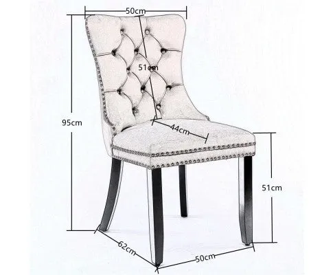 2x Velvet Dining Chairs Upholstered Tufted Kithcen Chair with Solid Wood Legs Stud Trim and Ring-Black