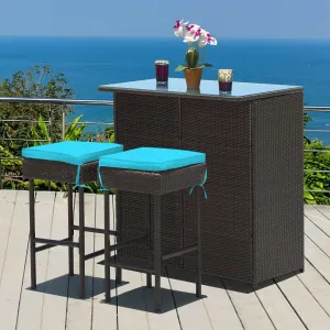 3pc Patio Rattan Bar Table Dining Set - Turquoise