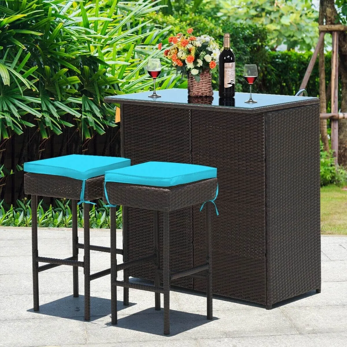 3pc Patio Rattan Bar Table Dining Set - Turquoise