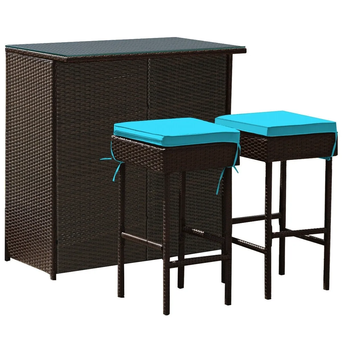 3pc Patio Rattan Bar Table Dining Set - Turquoise