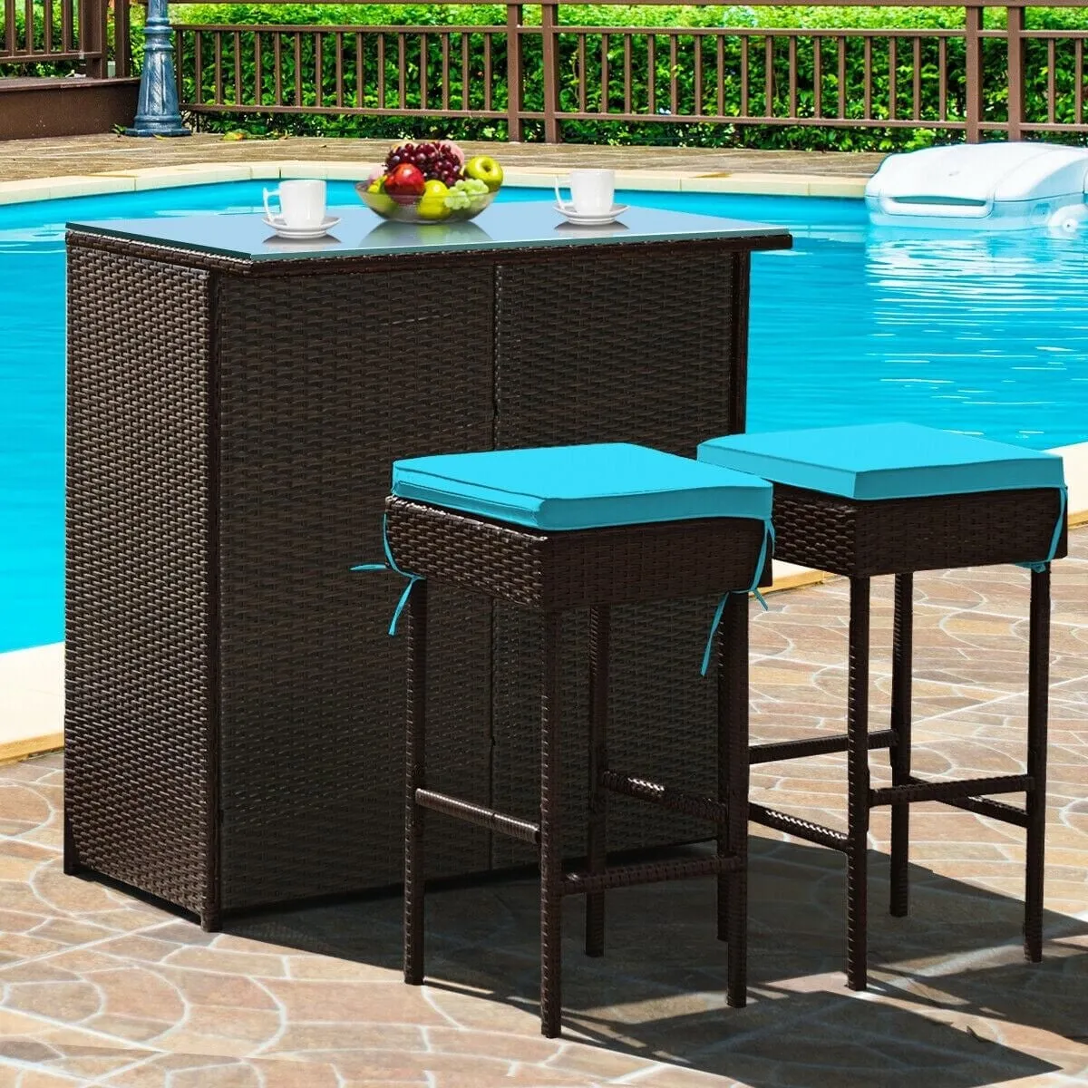 3pc Patio Rattan Bar Table Dining Set - Turquoise