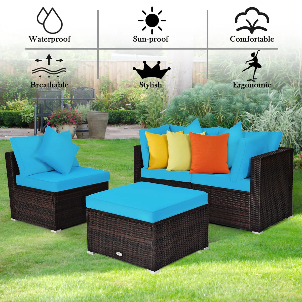 4 Pieces Outdoor Rattan  Conversation Set with Removable Cushions and Pillows-Turquoise