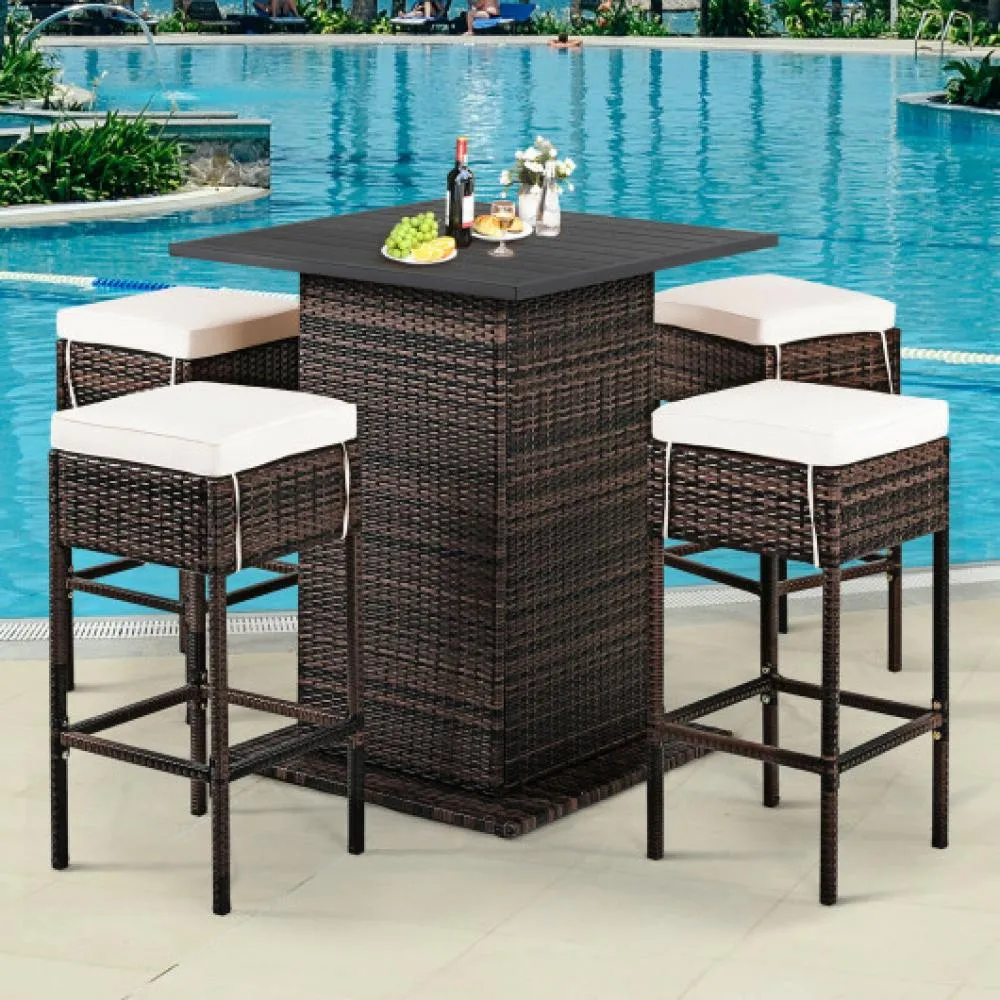 5 Pieces Patio Rattan Bar Table Stool Set Hidden Storage Shelf Cushioned-Navy