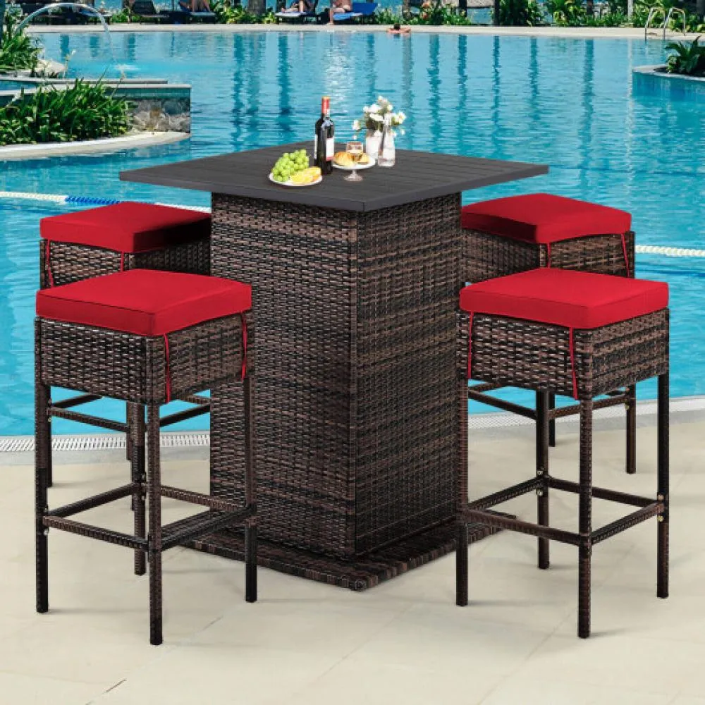 5 Pieces Patio Rattan Bar Table Stool Set Hidden Storage Shelf Cushioned-Navy