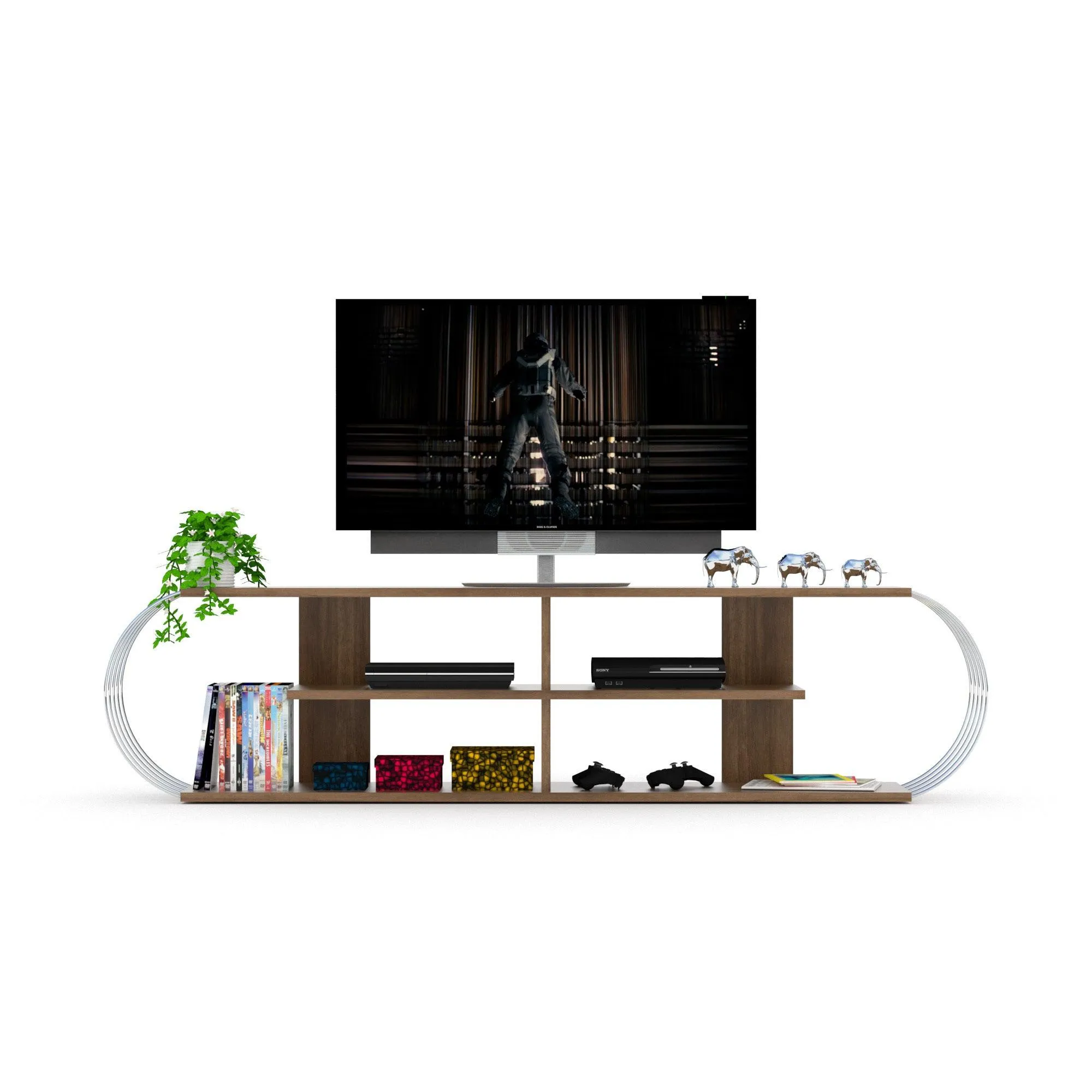 68 inch Mid Century Modern Tv Stand 4 Shelves Open Storage Entertainment Centre Tv Unit, Walnut/Chrome