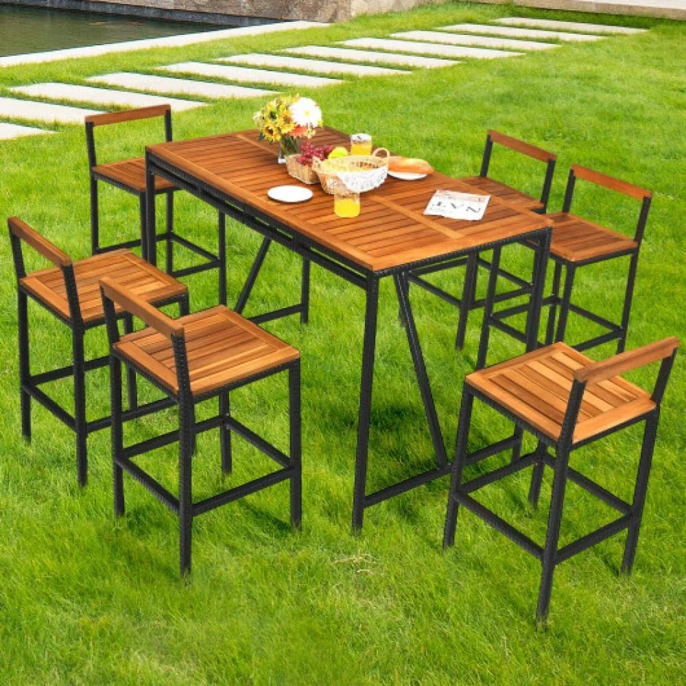 7 Pieces Acacia Wood Patio Rattan Bar Set with Umbrella Hole