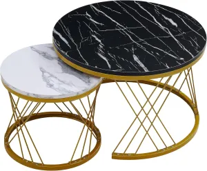 Anamino Modern Marble Finish Round Set of Coffee Tables 2 Piece Stackable Center Tables or Tea Table with Sturdy Metal Frame for Living Room Bedroom or Apartments (Gold Black White)