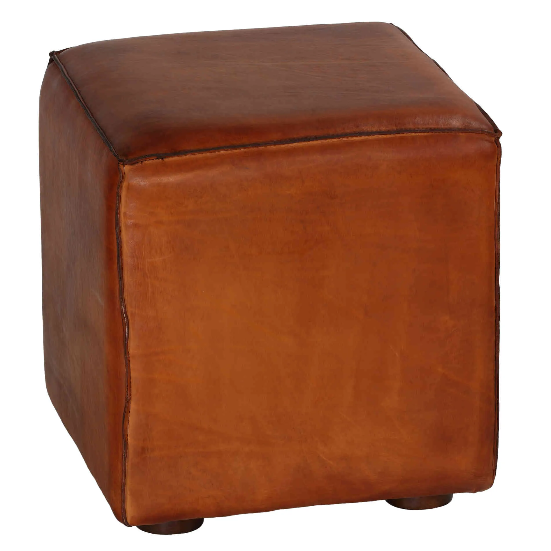 Bare Decor Sands Genuine Leather Cube Ottoman, Saddle Brown