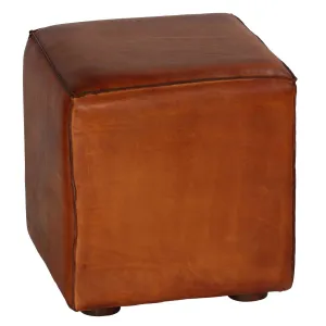 Bare Decor Sands Genuine Leather Cube Ottoman, Saddle Brown