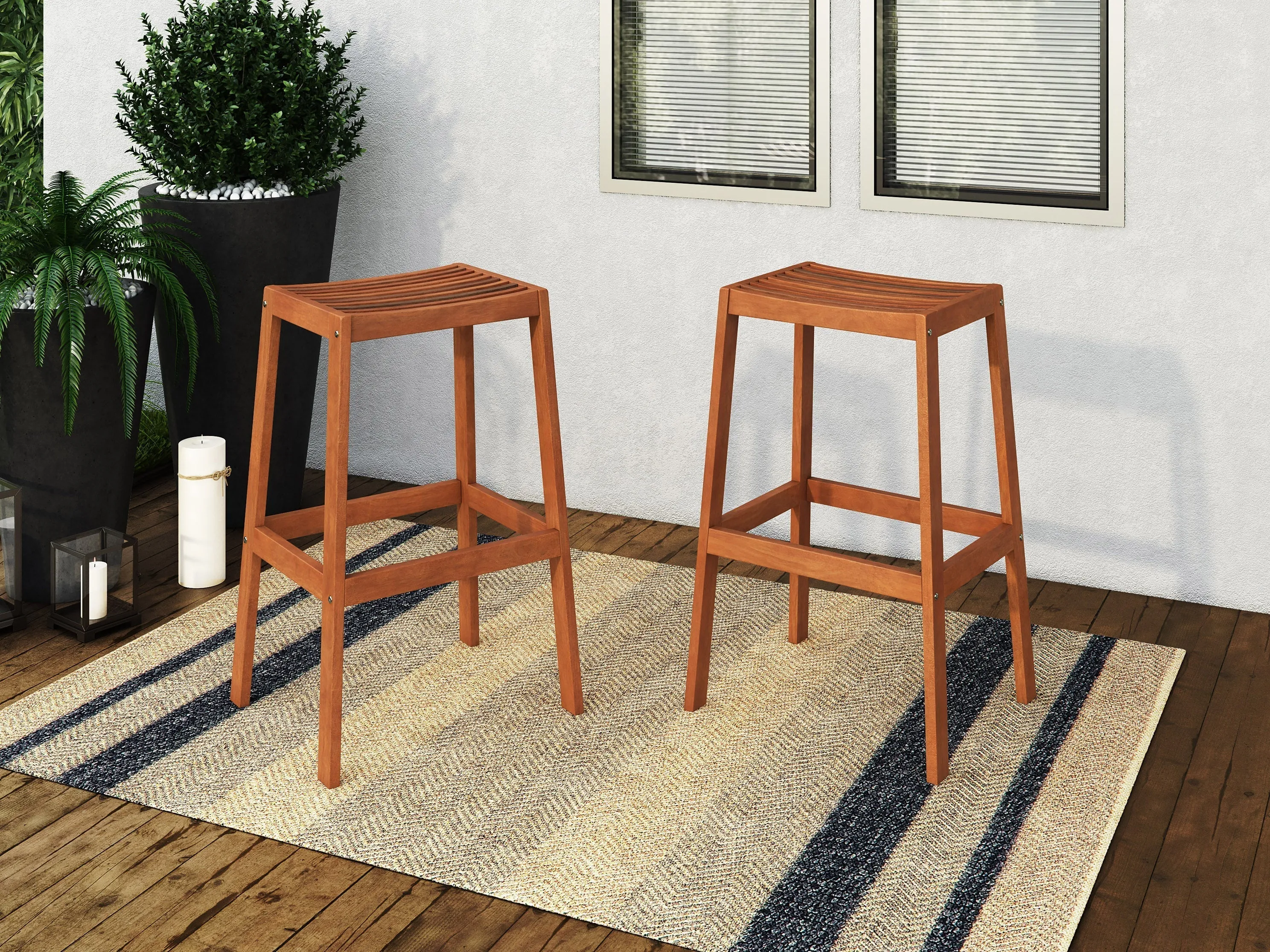 Brown Natural Wood Bar Stools, Set of 2