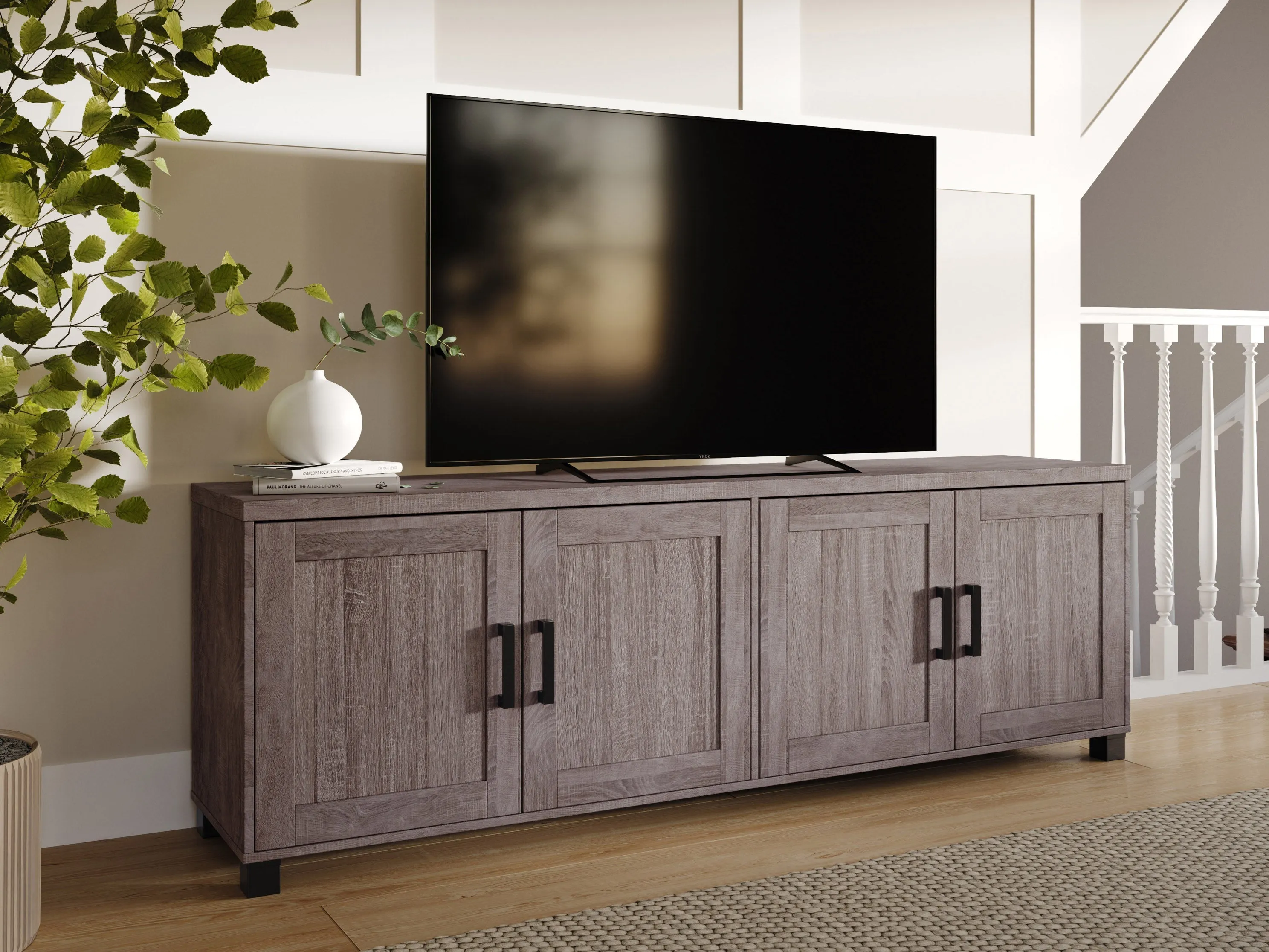 Brown TV Stand with Doors, TVs up to 85"