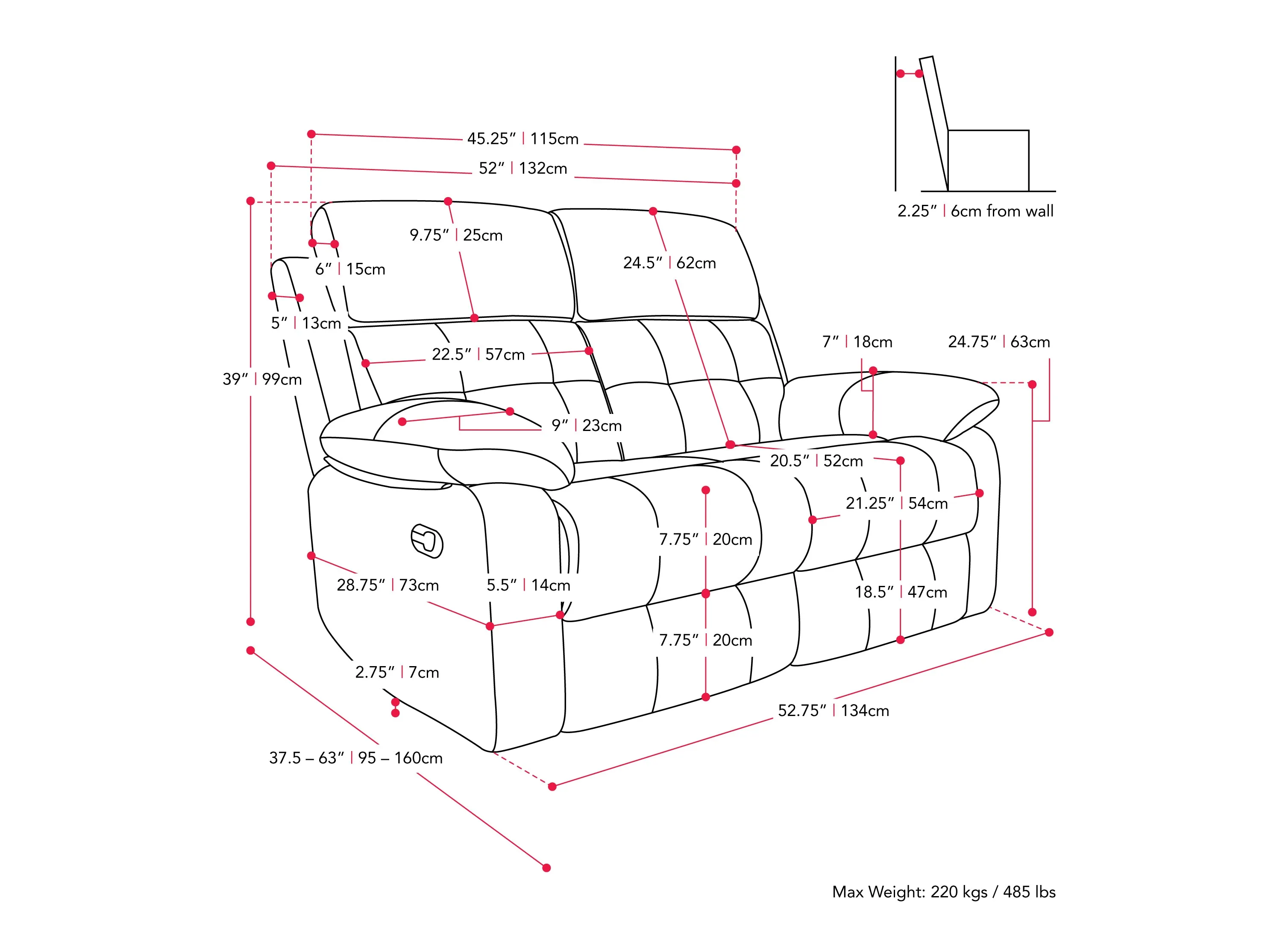 Dark Grey 2 Seater Recliner Sofa