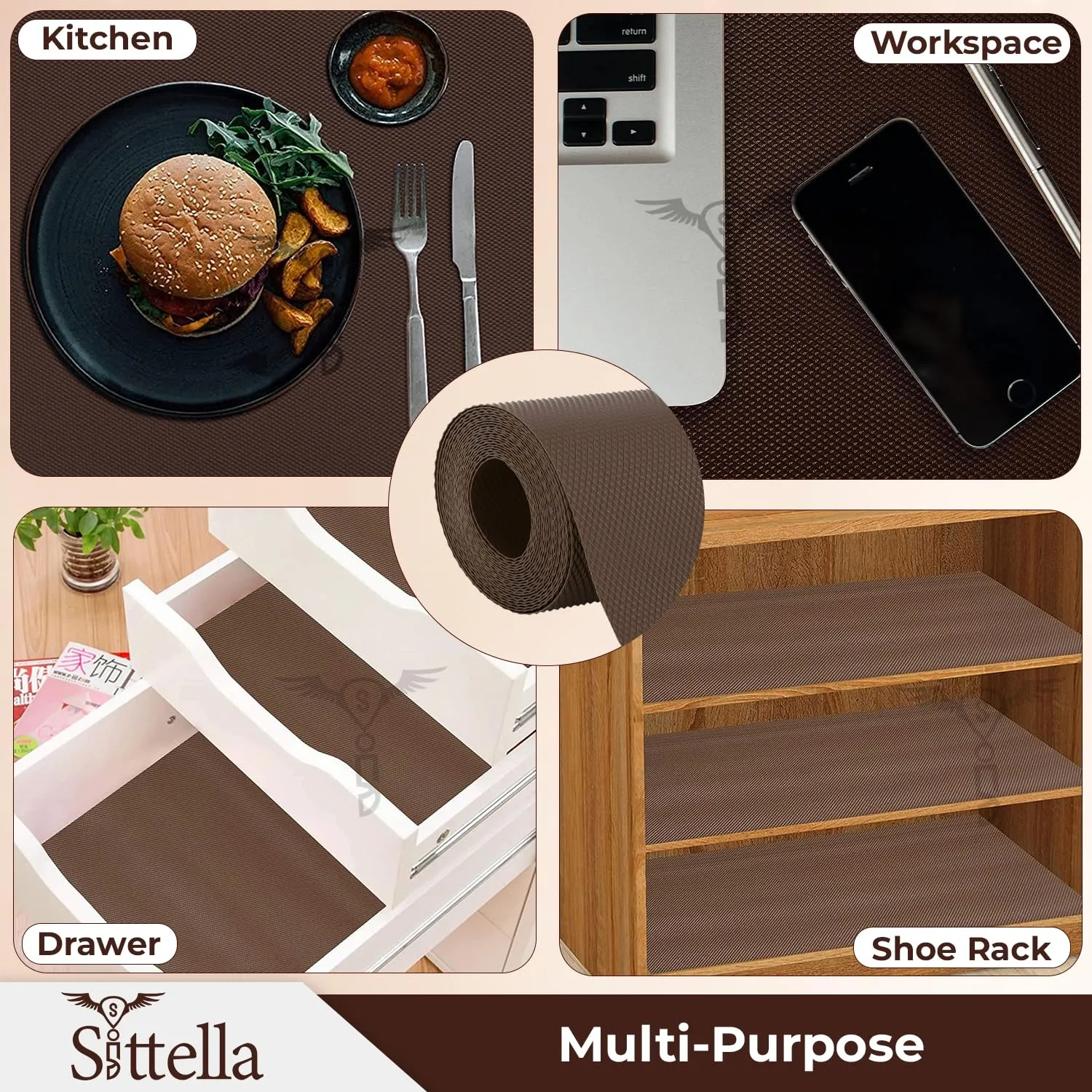 Drawer Mat (45cm X 3m) Multi-Purpose EVA Non-Slip Kitchen Drawer Shelf and Cabinet Liners Waterproof Washable Mats Protect Dresser Shelves Cupboard Bathroom Cabinets (Coffee)