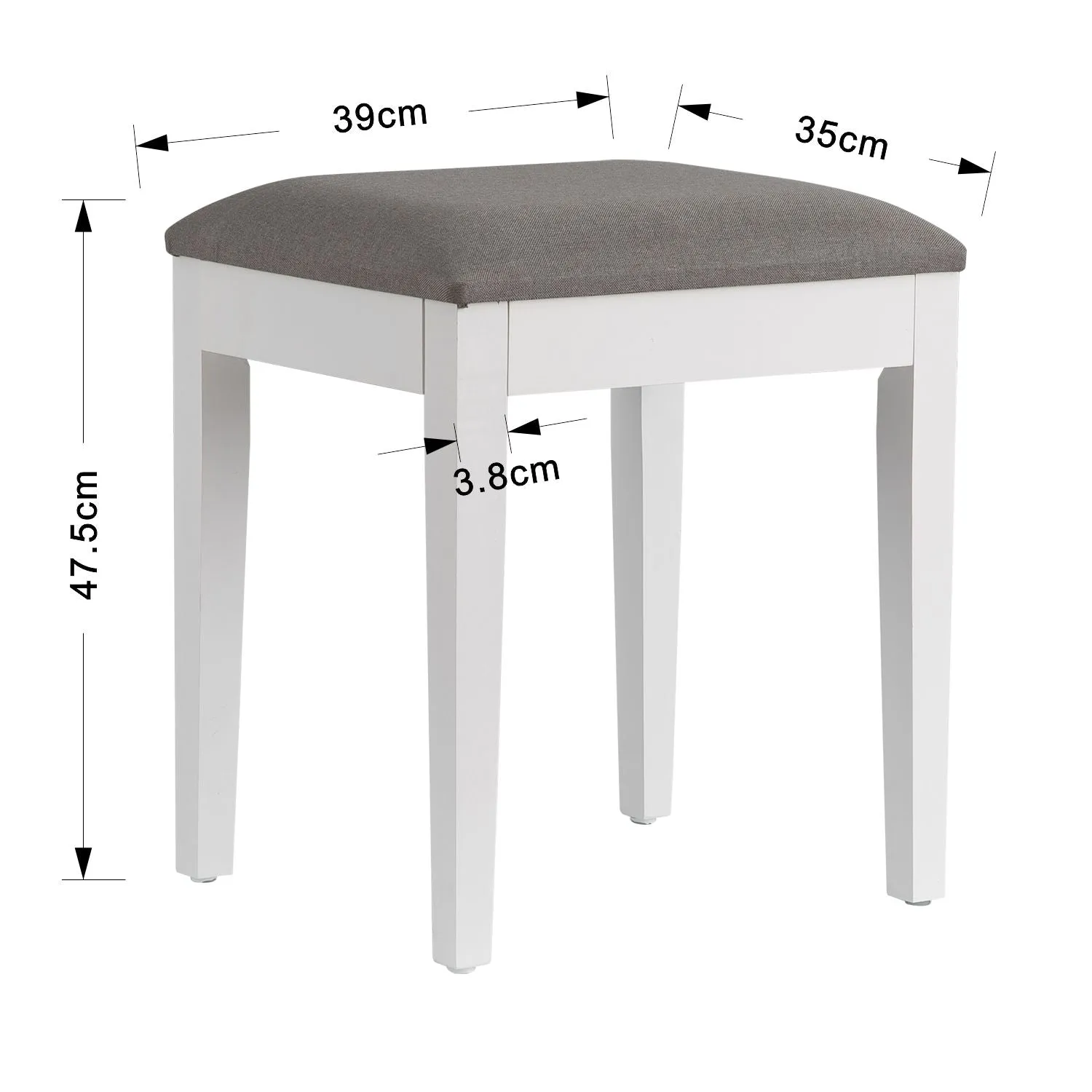 Dressing Table Stool With Padded Seat, Wood In White Finish, Grey Cushion