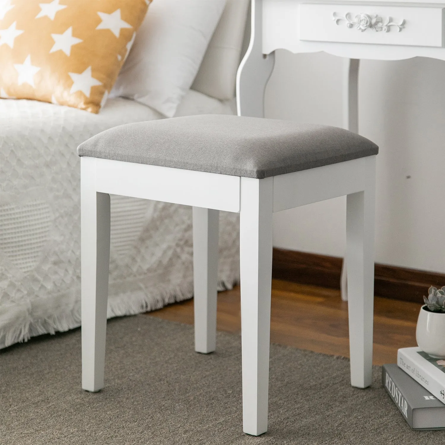 Dressing Table Stool With Padded Seat, Wood In White Finish, Grey Cushion