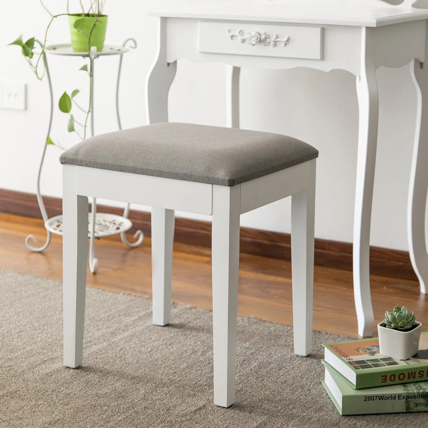 Dressing Table Stool With Padded Seat, Wood In White Finish, Grey Cushion