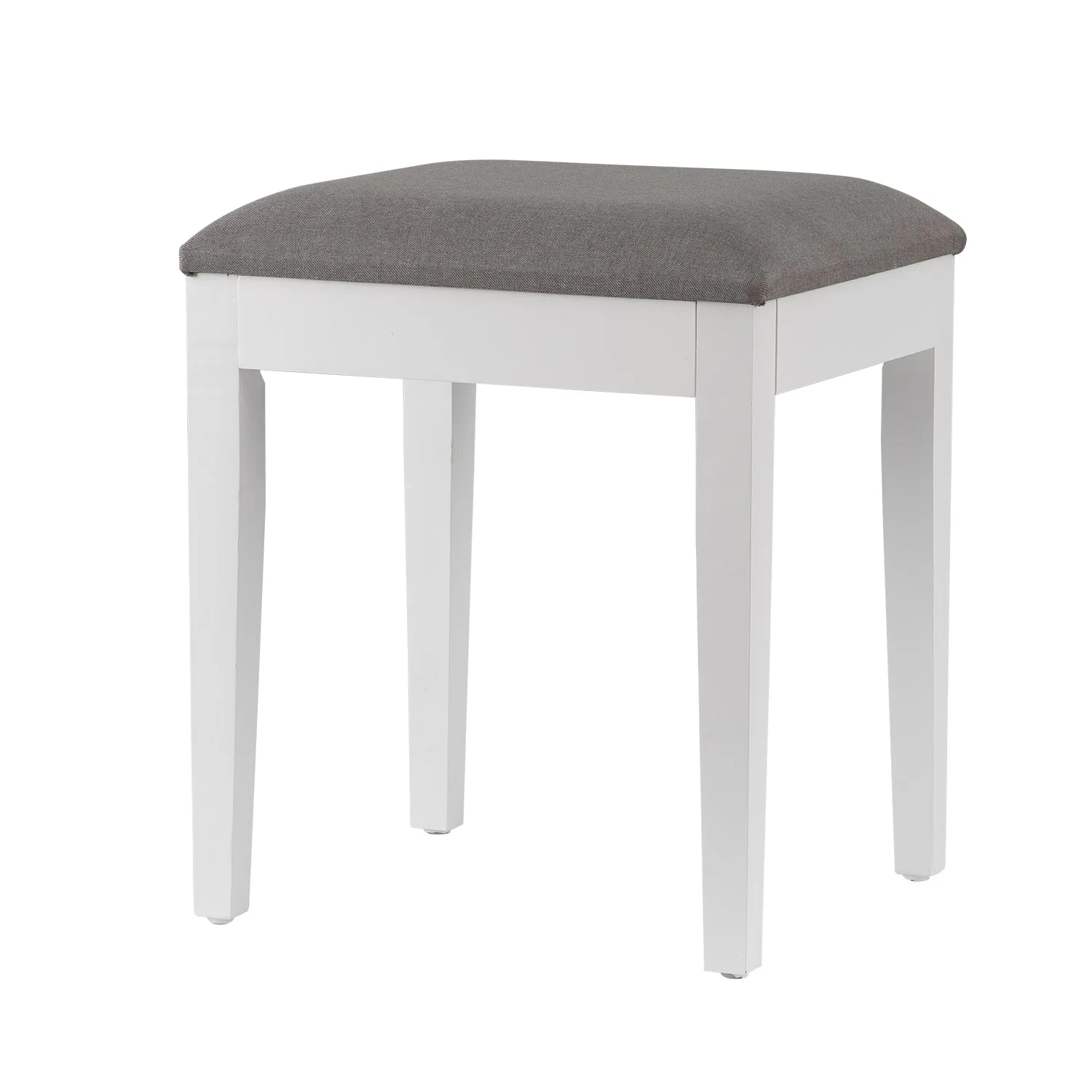 Dressing Table Stool With Padded Seat, Wood In White Finish, Grey Cushion