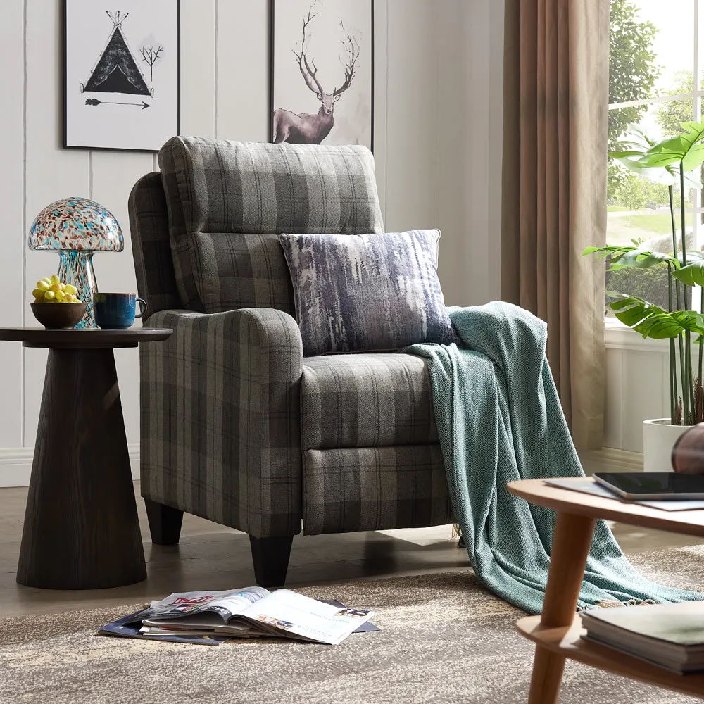 Dundee Grey Tartan Fabric Push Bank Recliner