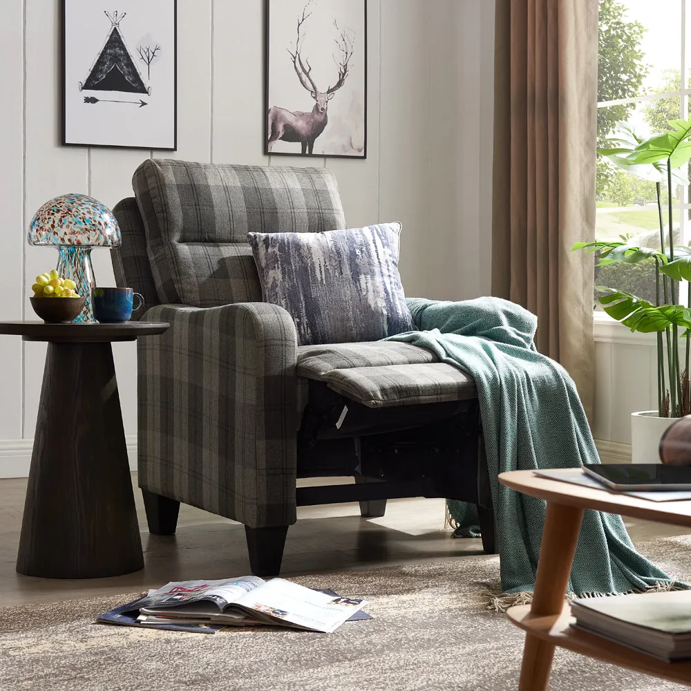 Dundee Grey Tartan Fabric Push Bank Recliner