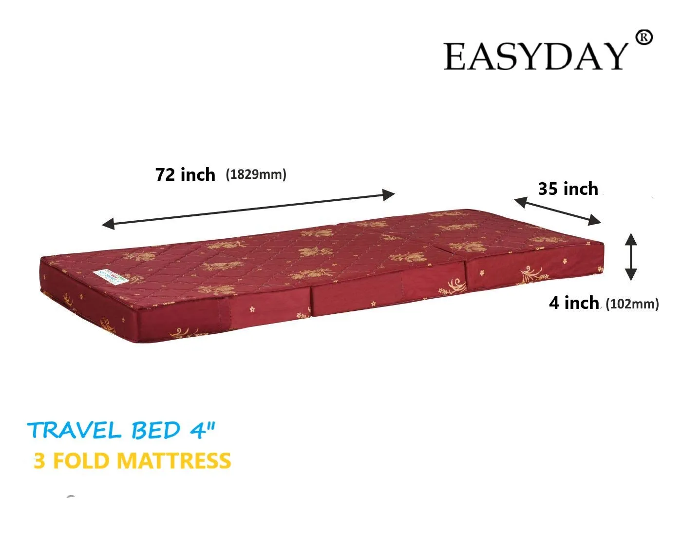 EASYDAY Travel Bed 3-Fold 4-inch PU Foam Single Bed Orthopedic Folding Lightweight and Portable Mattress (Maroon, 72x35x4)| ISO Certified Company