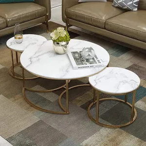 Expressow Marble Coffee Table Round Nesting Tables Set of 3 with Golden Metal Frame for Home Decor Living Room Furniture