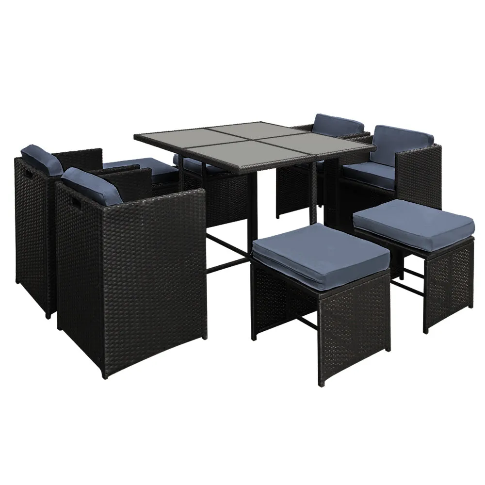 Gardeon 9 Piece Wicker Outdoor Dining Set - Black & Grey