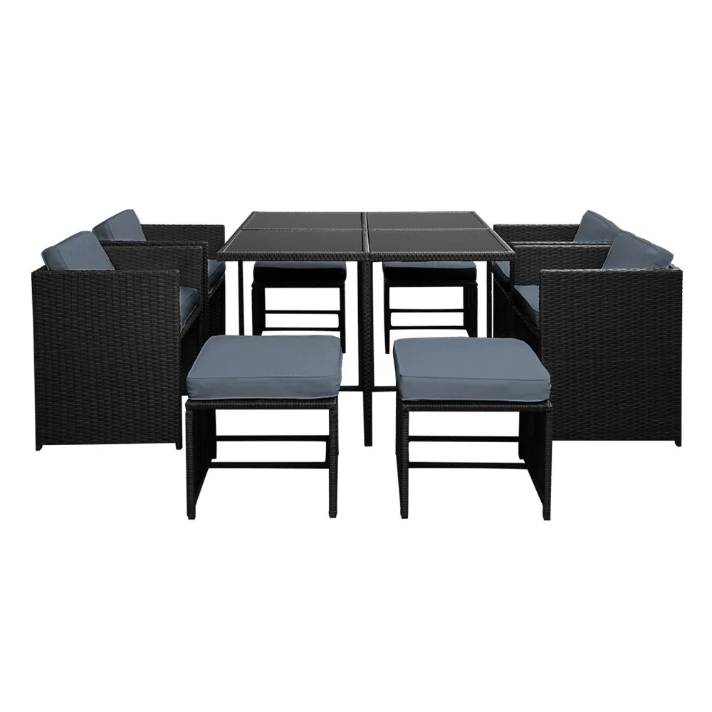 Gardeon 9 Piece Wicker Outdoor Dining Set - Black & Grey