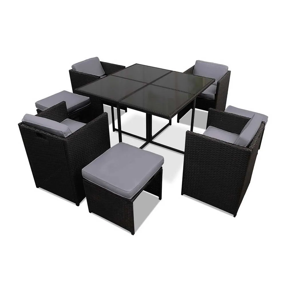 Gardeon 9 Piece Wicker Outdoor Dining Set - Black & Grey