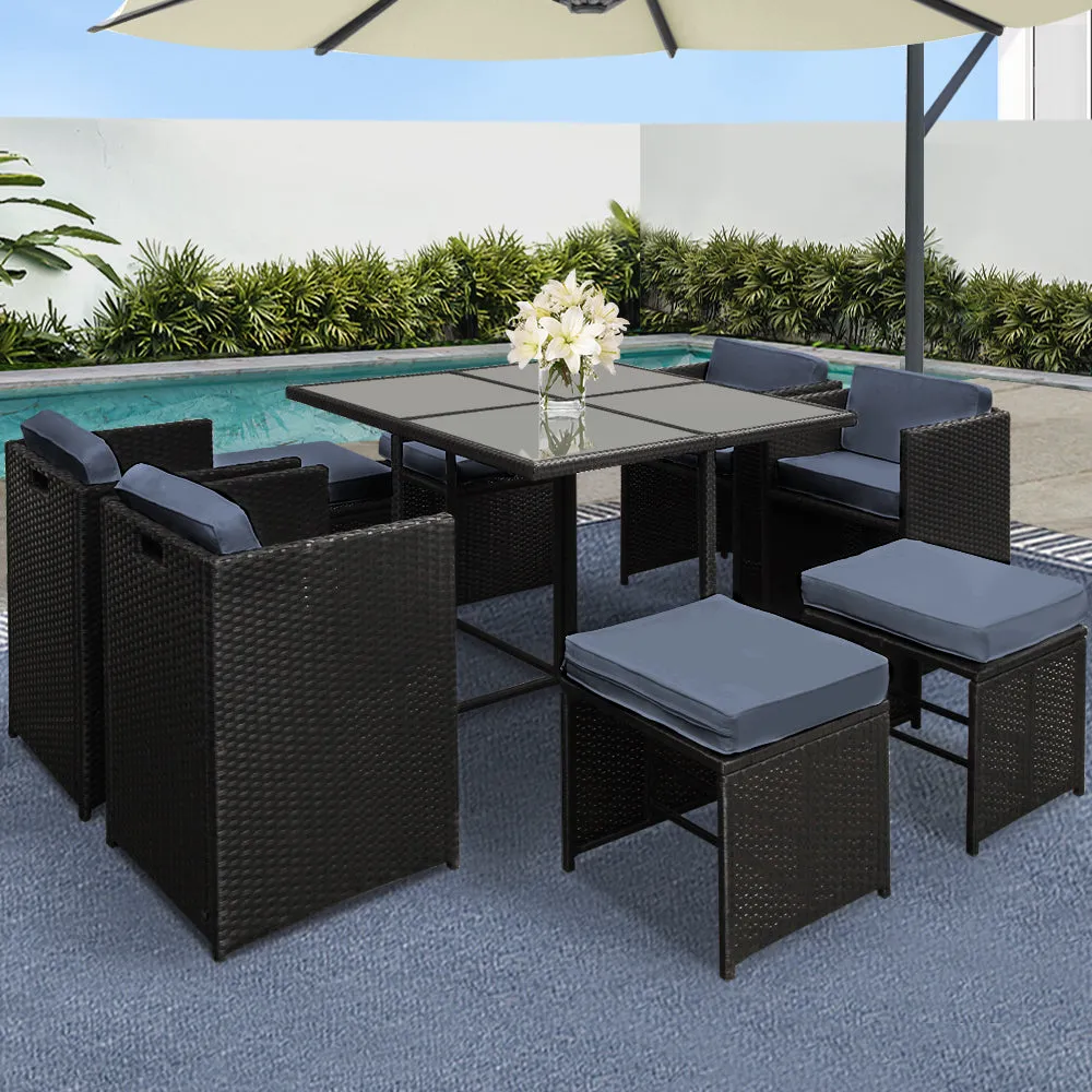 Gardeon 9 Piece Wicker Outdoor Dining Set - Black & Grey