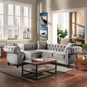 Glacier solid Wood 5 Seater Fabric L Shape Chesterfield Sofa for Living Room - Grey