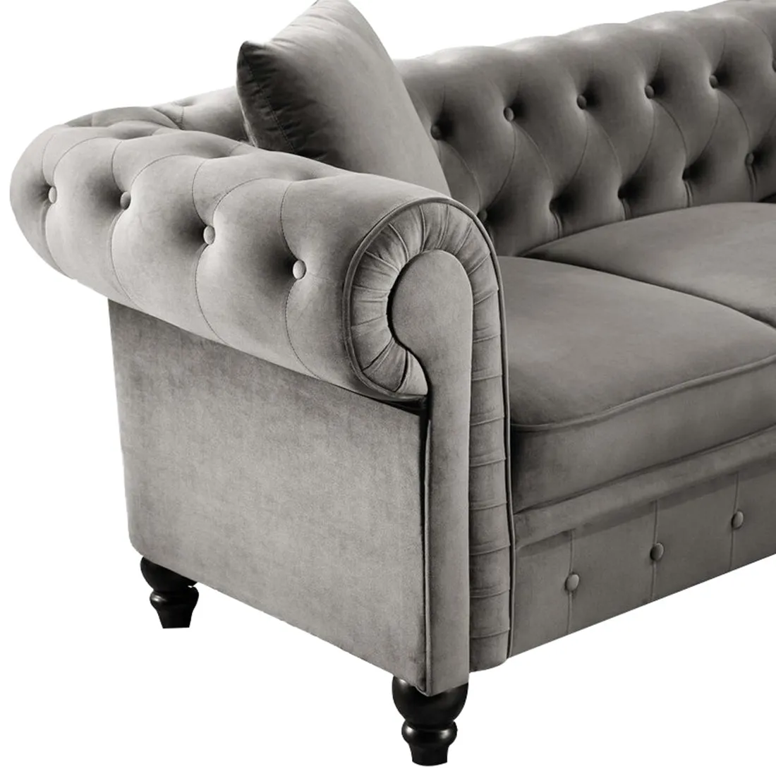 Glacier solid Wood 5 Seater Fabric L Shape Chesterfield Sofa for Living Room - Grey