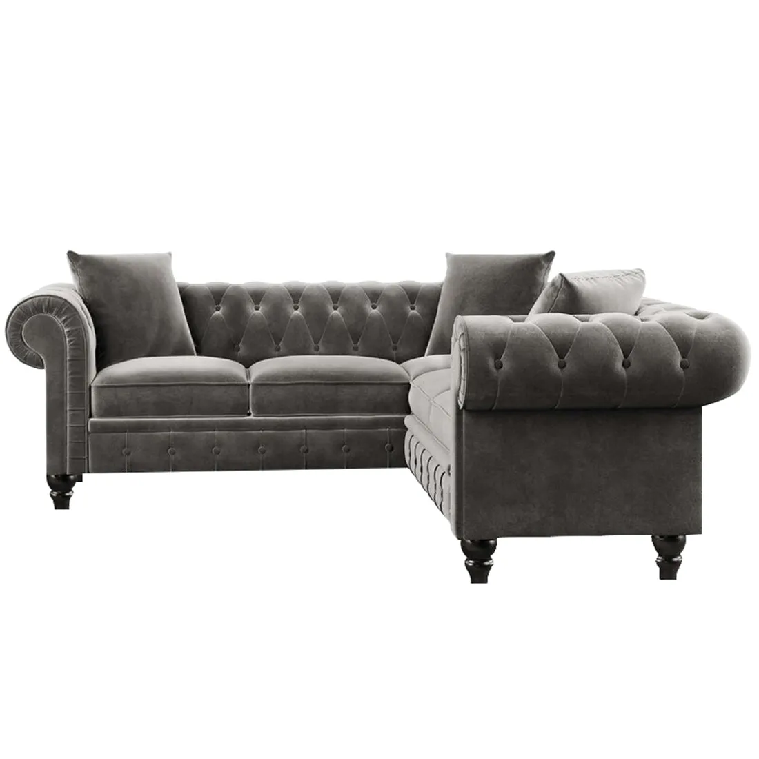 Glacier solid Wood 5 Seater Fabric L Shape Chesterfield Sofa for Living Room - Grey