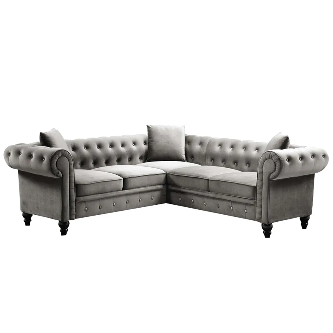 Glacier solid Wood 5 Seater Fabric L Shape Chesterfield Sofa for Living Room - Grey