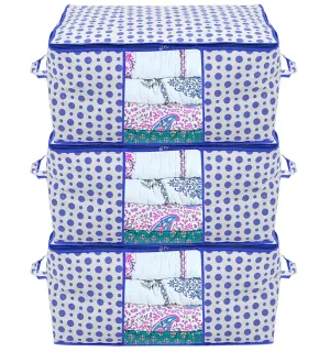 Heart Home Dot Printed Foldable, Lightweight Non Woven Underbed Storage Bag For Toys/Blankets/Stationery Paper/Clothes With Transparent Window With Handle Pack of 3 (Blue)-46HH0604