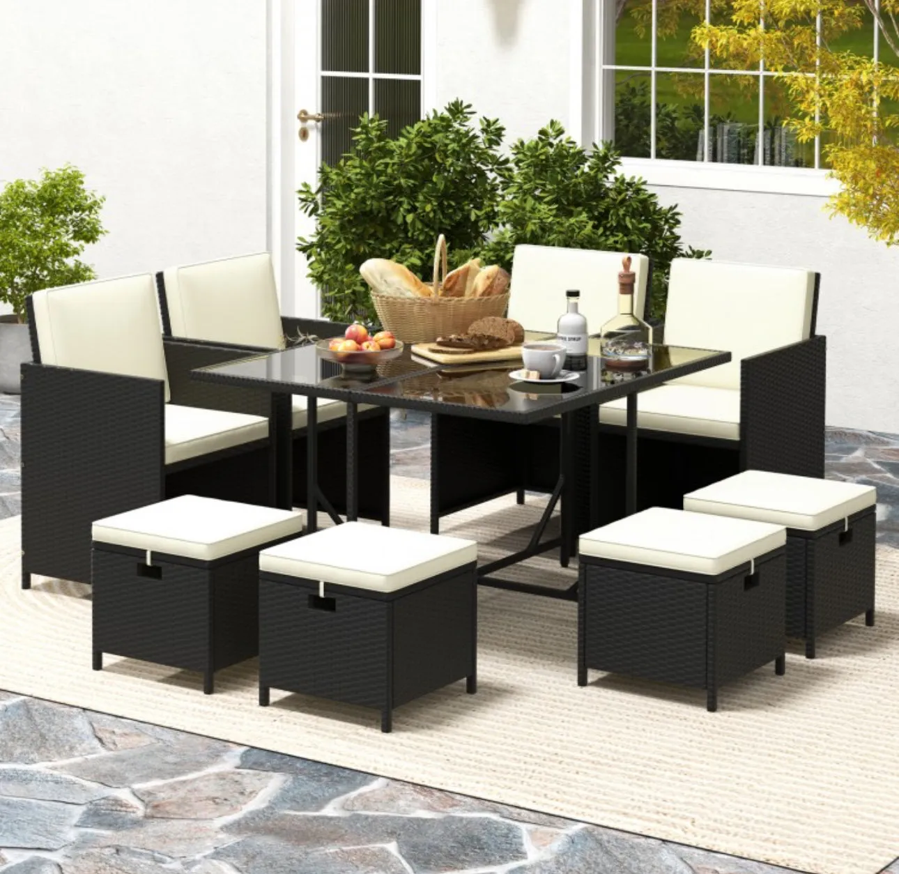 Heavy Duty Beautiful & Elegant Rattan Very Comfortable 9 Piece Outdoor Patio Dining Furniture Set With Tempered Glass Table, Ottomans