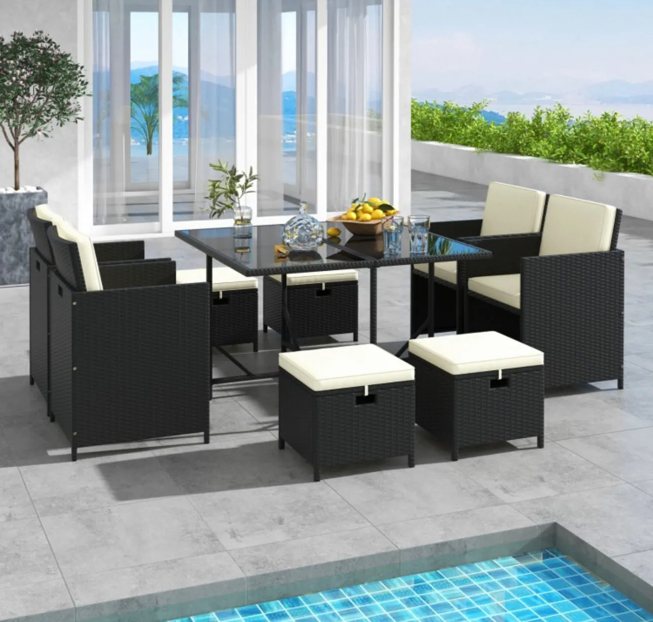 Heavy Duty Beautiful & Elegant Rattan Very Comfortable 9 Piece Outdoor Patio Dining Furniture Set With Tempered Glass Table, Ottomans