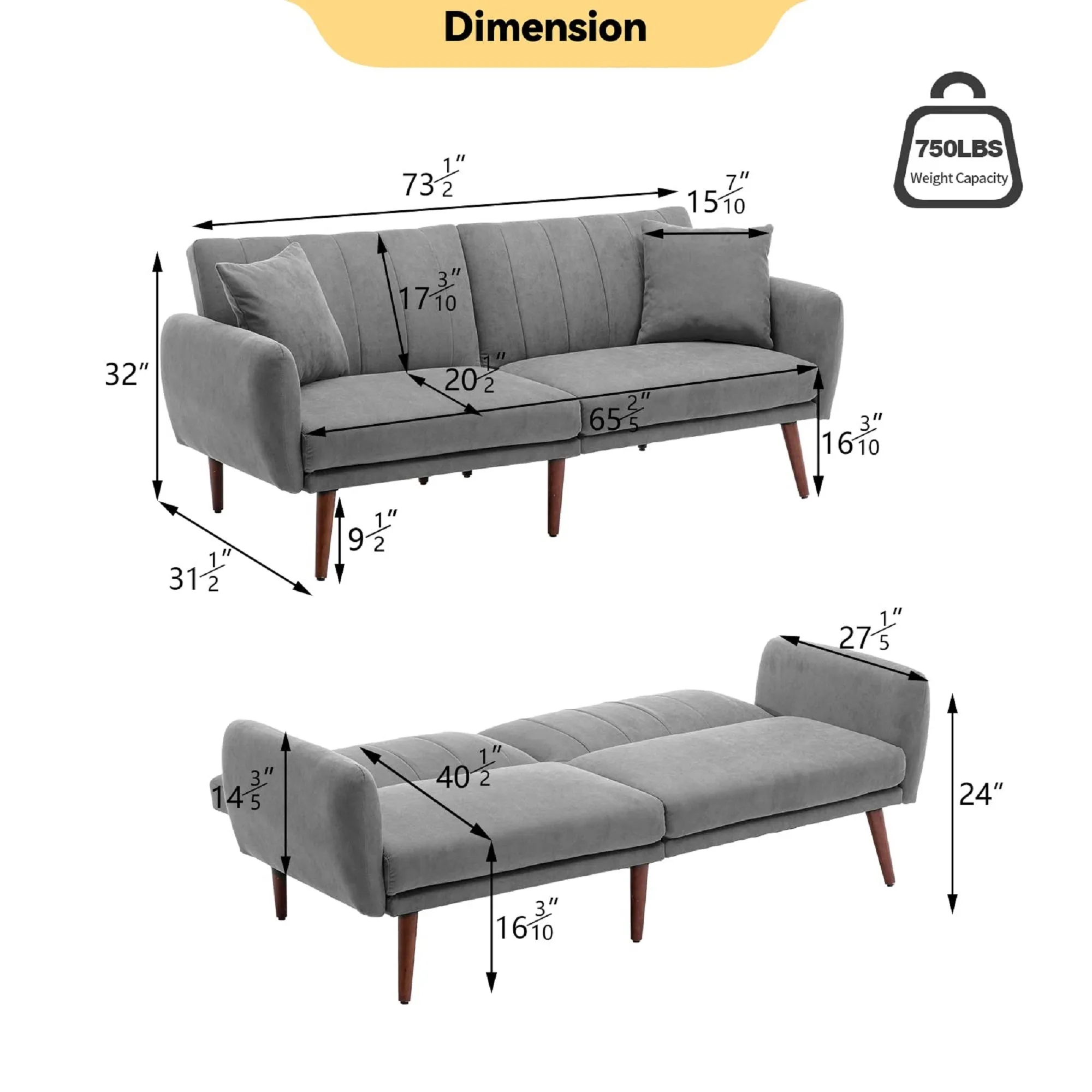 Homrest Convertible Linen Fabric Folding Recliner Futon Modern Adjustable Sleeper Sofa Loveseat Daybed for Living Room(Grey)