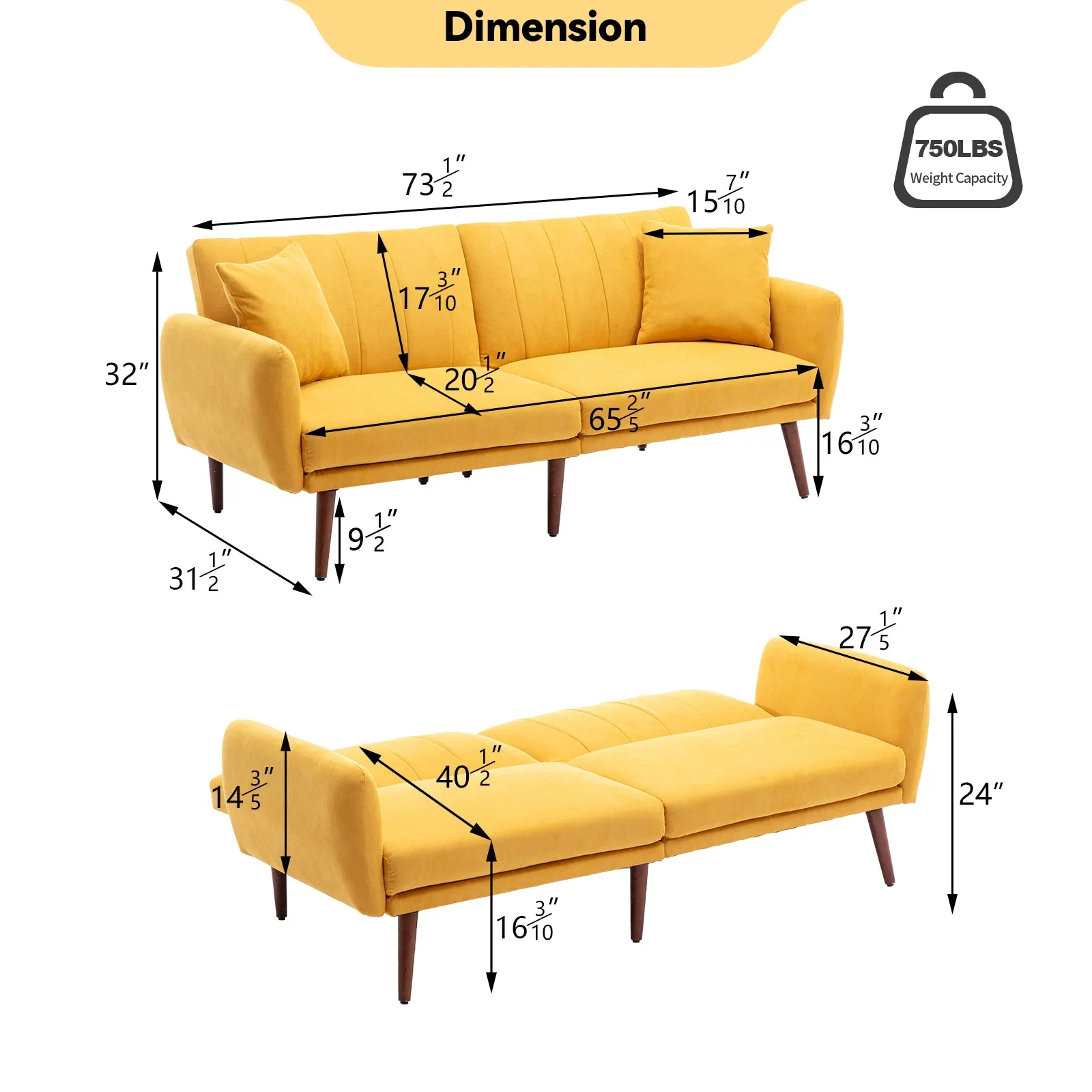 Homrest Convertible Linen Fabric Folding Recliner Futon Modern Adjustable Sleeper Sofa Loveseat Daybed for Living Room(Yellow)