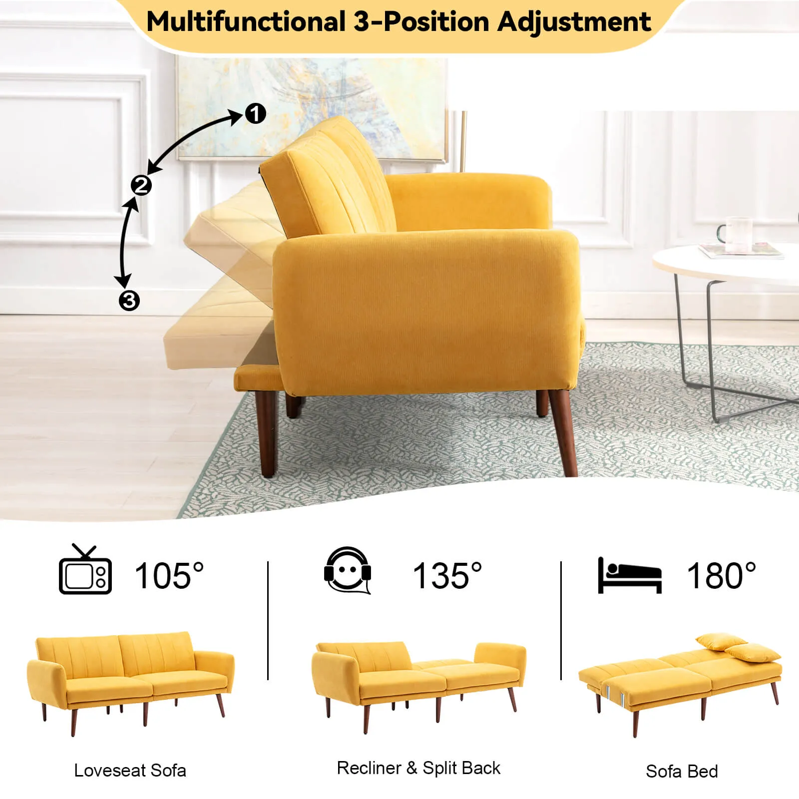 Homrest Convertible Linen Fabric Folding Recliner Futon Modern Adjustable Sleeper Sofa Loveseat Daybed for Living Room(Yellow)