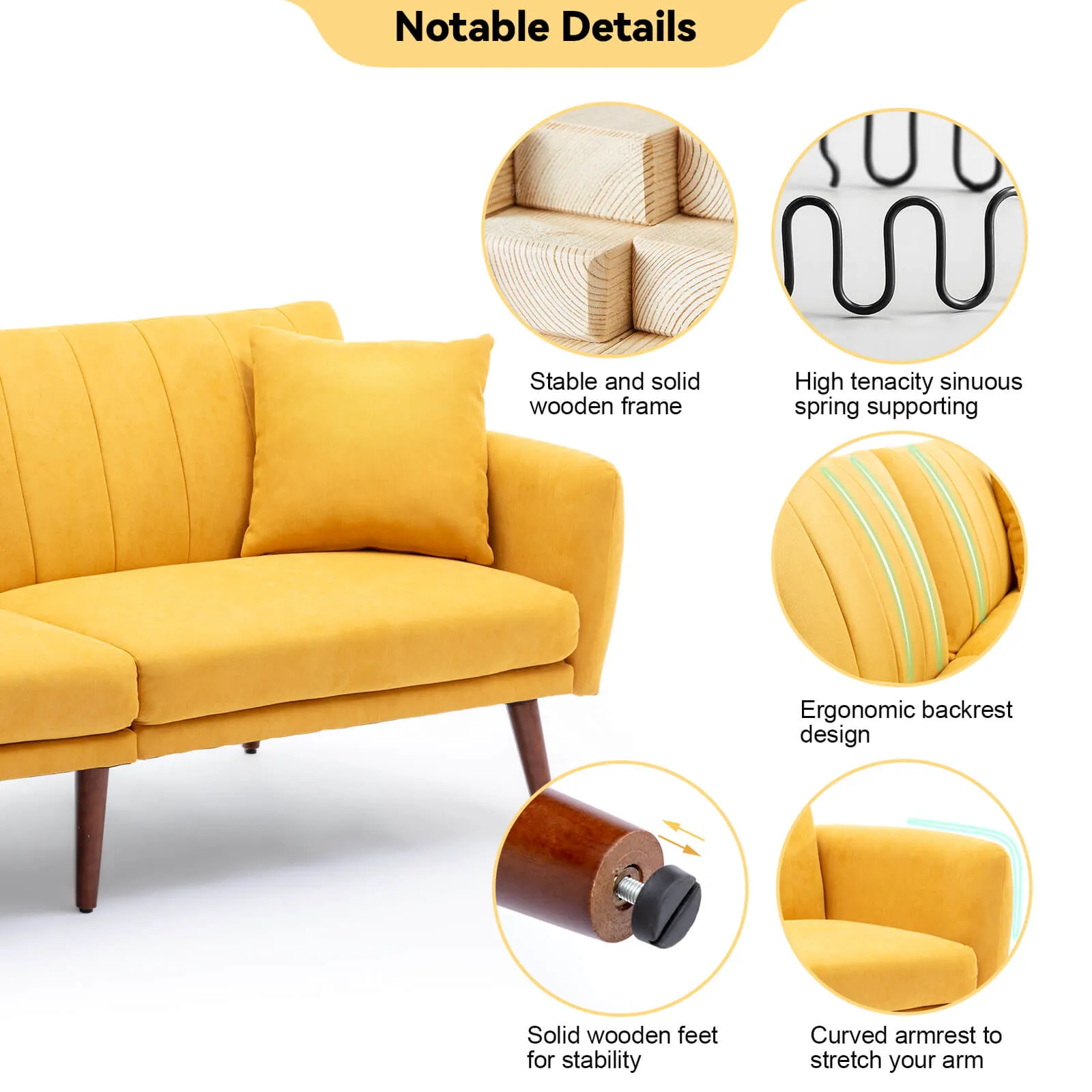 Homrest Convertible Linen Fabric Folding Recliner Futon Modern Adjustable Sleeper Sofa Loveseat Daybed for Living Room(Yellow)