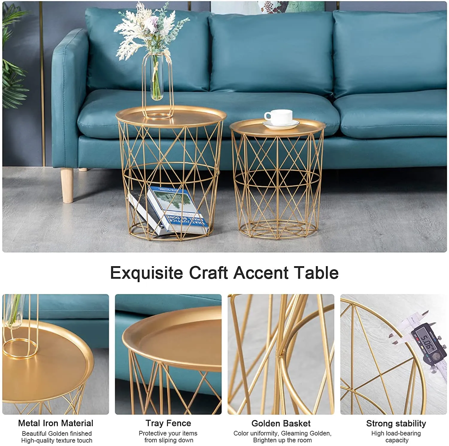 INDIAN DECOR 48187 Golden Tray Accent Side Table with Golden Storage Basket,Metal Round Coffee End Tables Set of 2, Modern Style Nesting Tables for Living Room, Nightstand, Office