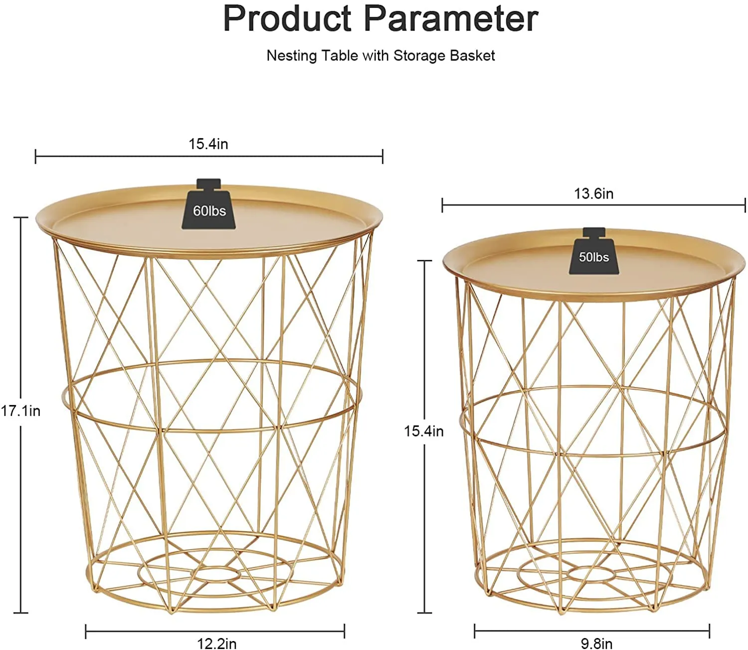 INDIAN DECOR 48187 Golden Tray Accent Side Table with Golden Storage Basket,Metal Round Coffee End Tables Set of 2, Modern Style Nesting Tables for Living Room, Nightstand, Office