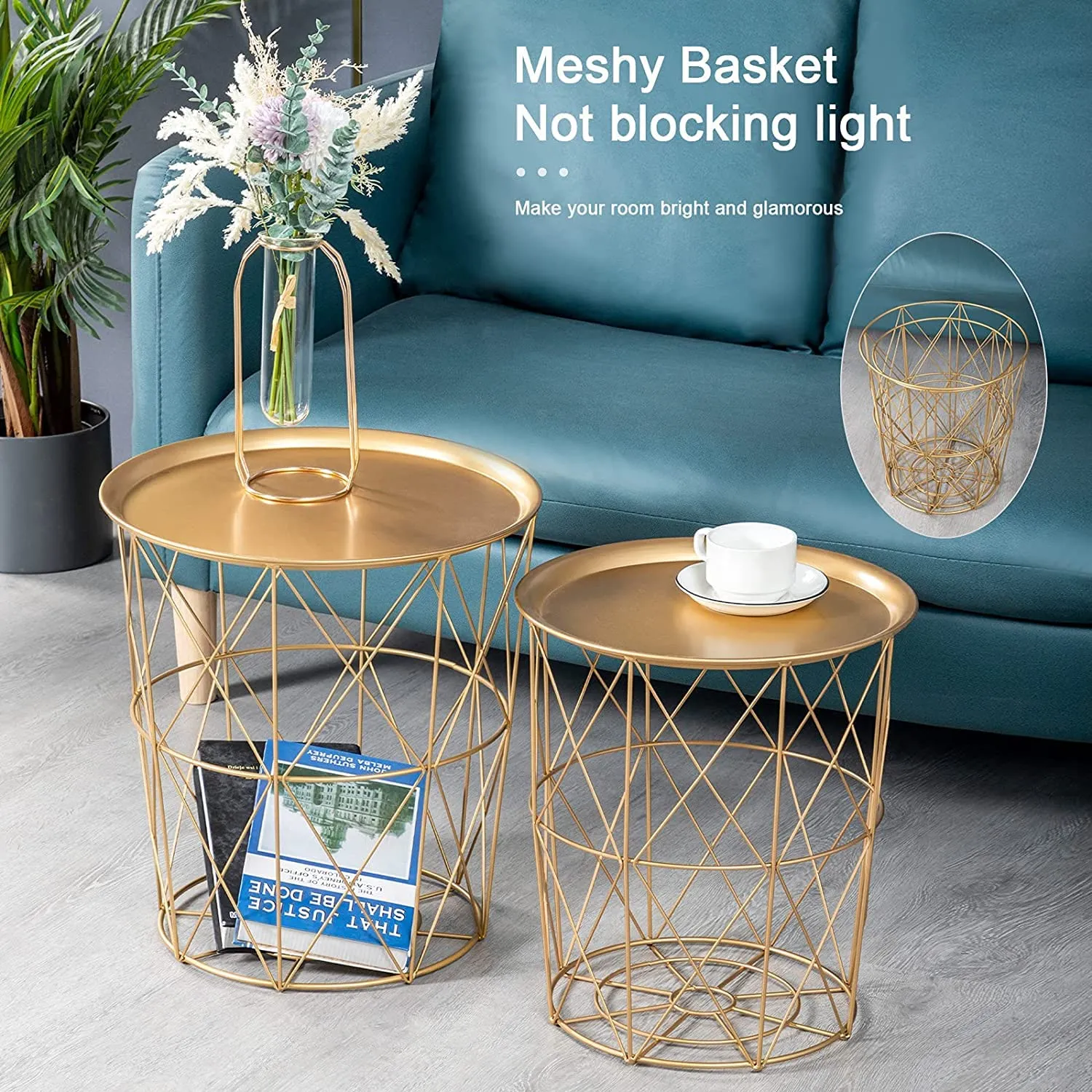 INDIAN DECOR 48187 Golden Tray Accent Side Table with Golden Storage Basket,Metal Round Coffee End Tables Set of 2, Modern Style Nesting Tables for Living Room, Nightstand, Office