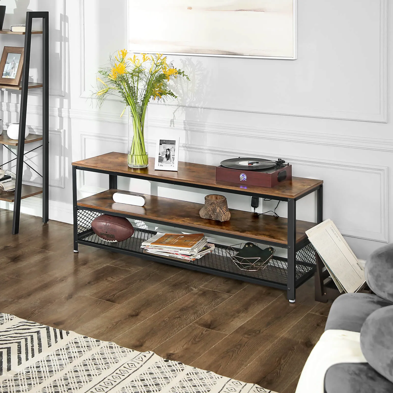 Industrial Long TV Stand with Shelves