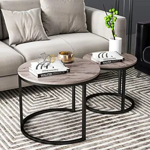 KOTPOP Modern Nesting Coffee Table Set of 2 for Living Room, Balcony, Garden, Round Table with Wood Side, Sturdy Metal Frame, Easy Assemble,Antique Grey