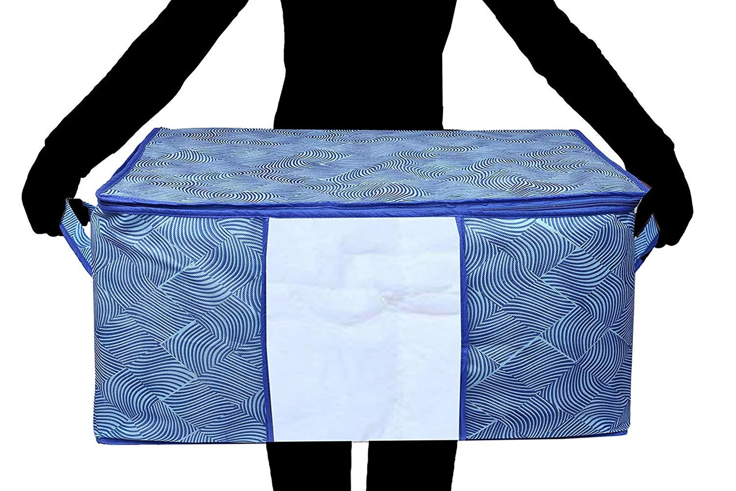 Kuber Industries Laheriya Design Non Woven Underbed Bag|Storage Organiser|Blanket Cover with Transparent Window|Storage Bag For Clothes Large|Pack of 6 (Blue)