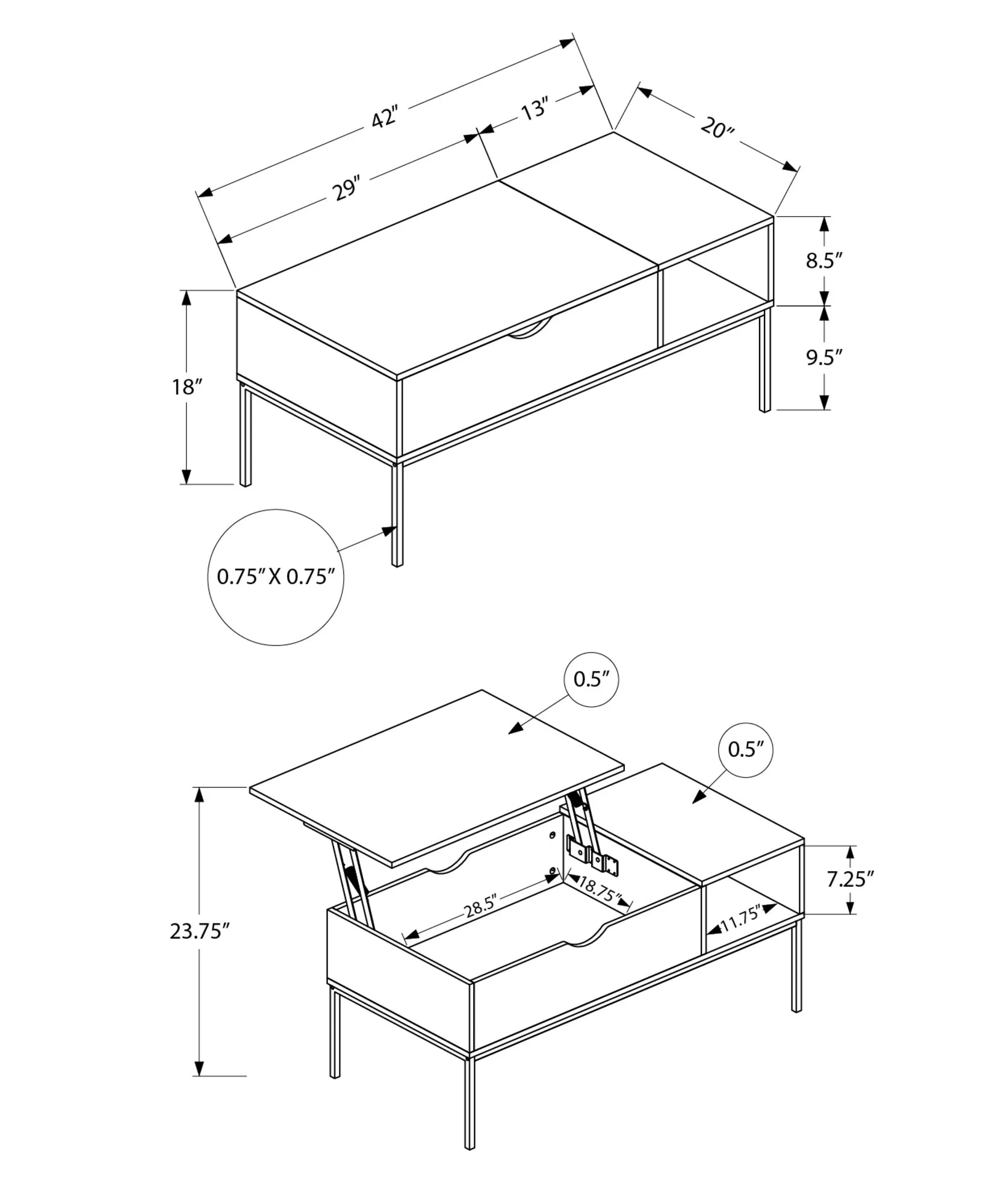 Lift-Top Coffee Table, 42" L, Rectangular, Grey, Black Metal - Contemporary & Modern