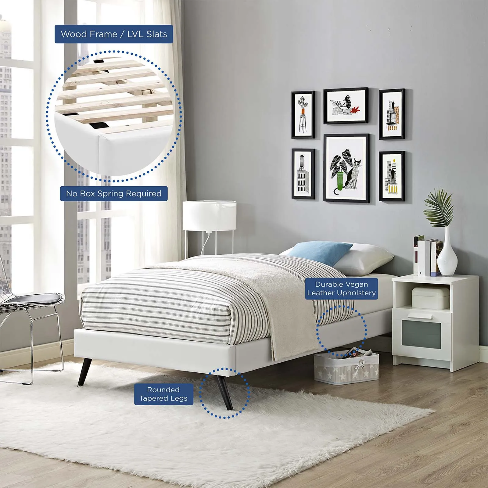 Loryn Vinyl Bed Frame with Round Splayed Legs