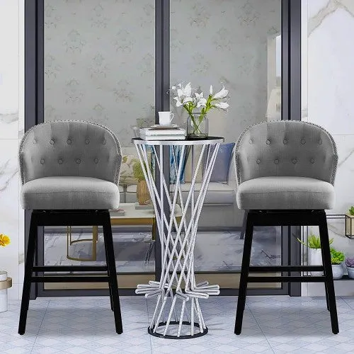 Luxurious 2 Piece Bar Stool Set | 360 Degrees Swivel Kitchen Bar Stools | Heavy Duty Wooden Legs | Backrest | Grey